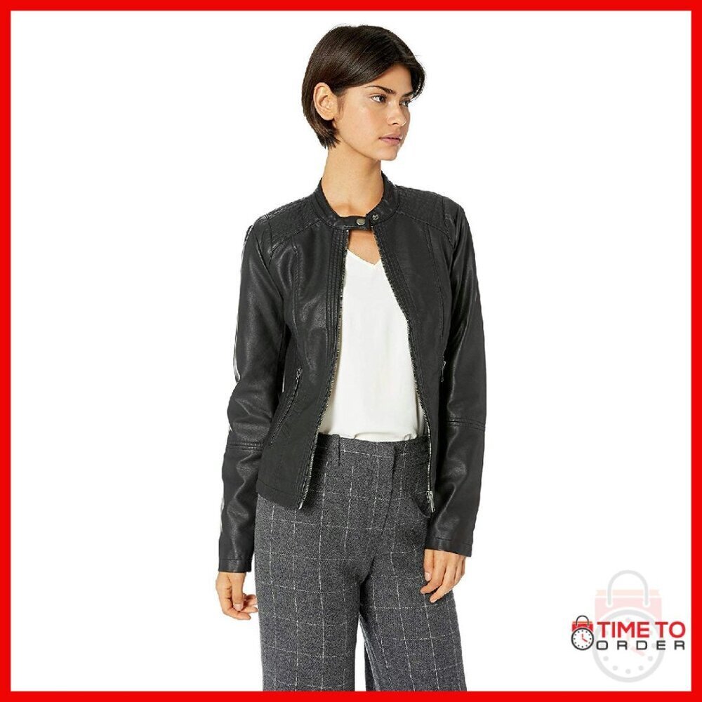 Faux Leather Moto Jacket with Zip Front & Stretch Panels